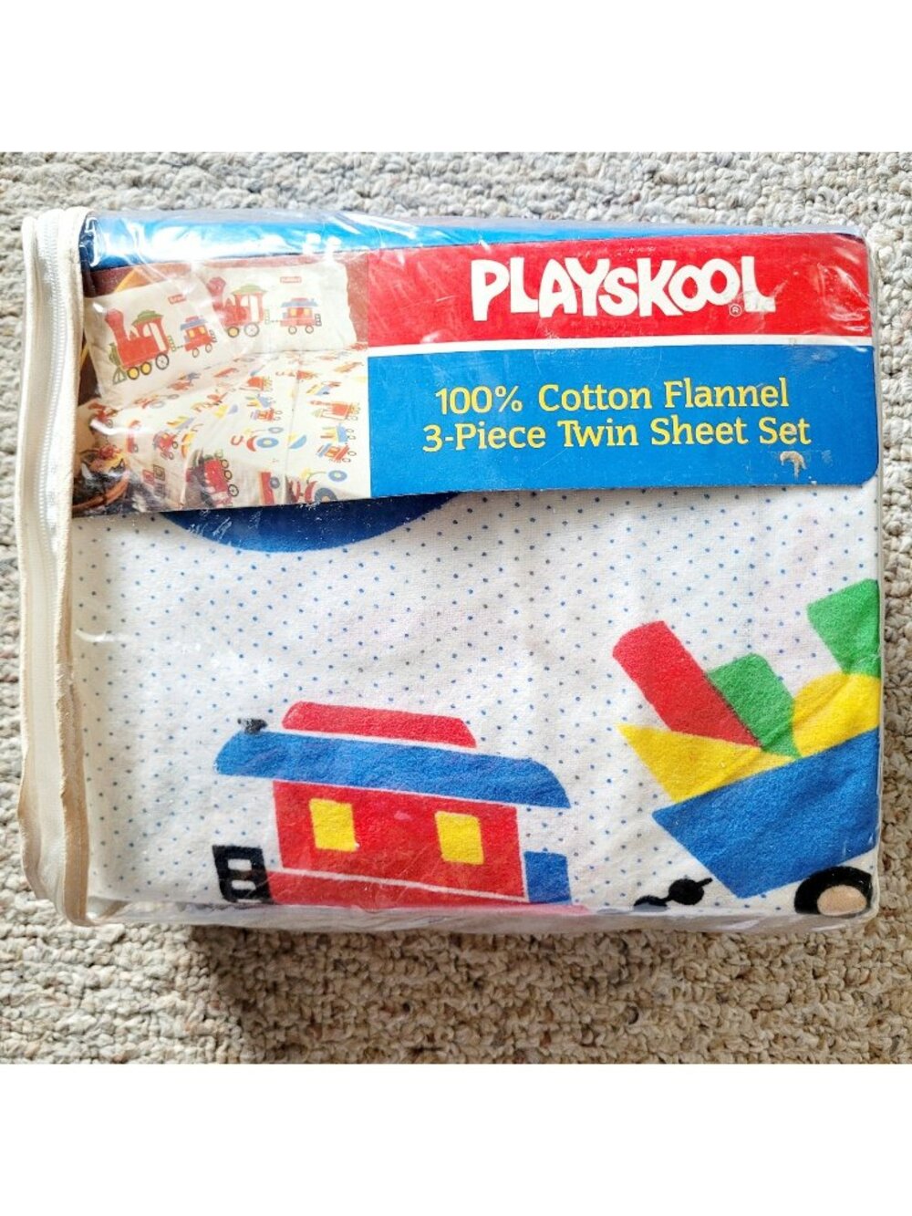 Vtg Playskool Twin Sheet Set Trains NOS Cotton Flannel Colorful Kids Toddlers